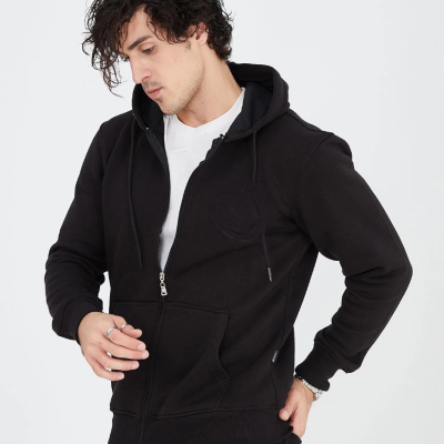 Tam Fermuarlı Kapşonlu  SweatShirt - Siyah -